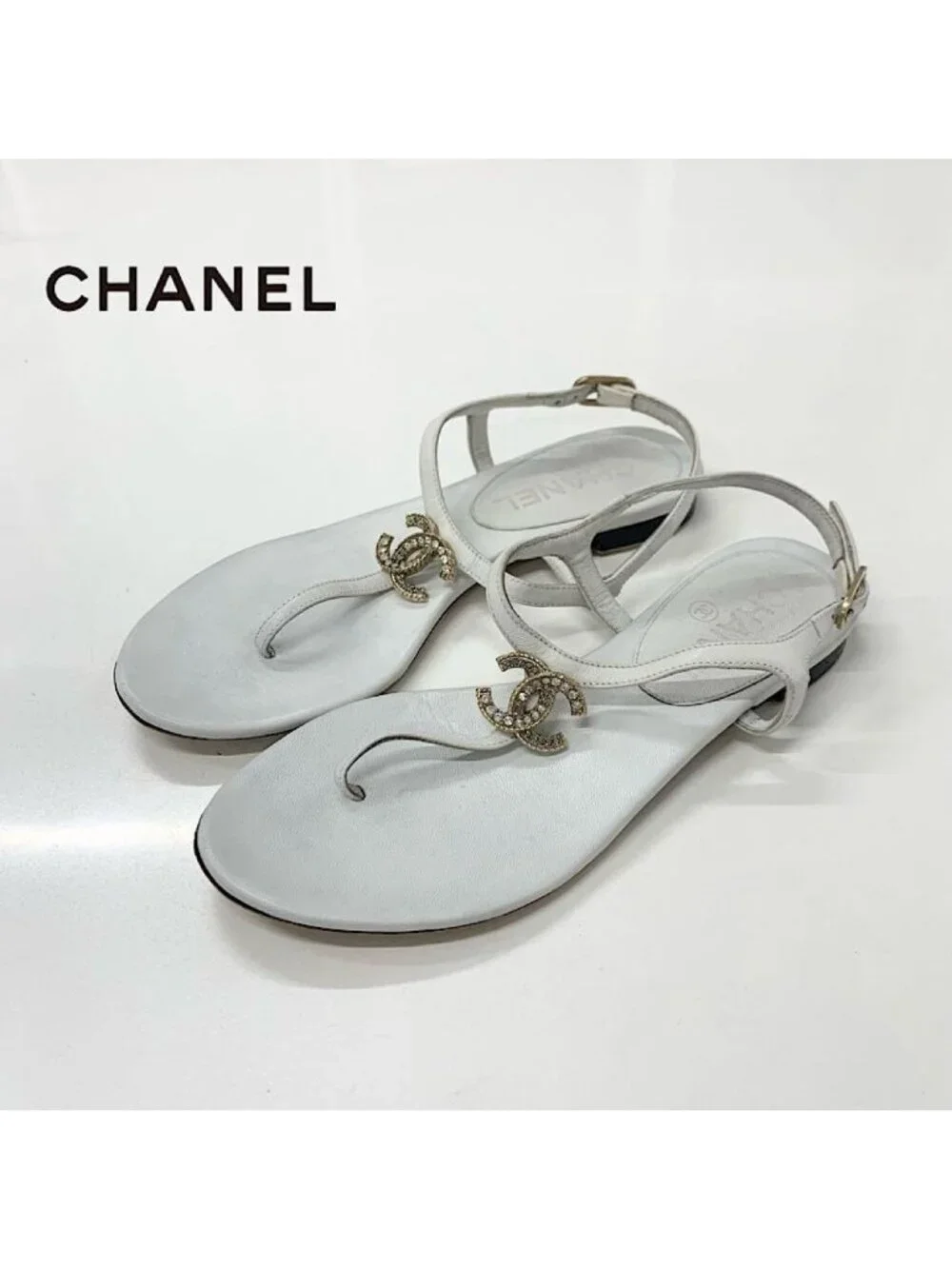 Chanel CC Logo Leather Line Stone Strap Thong Sandals